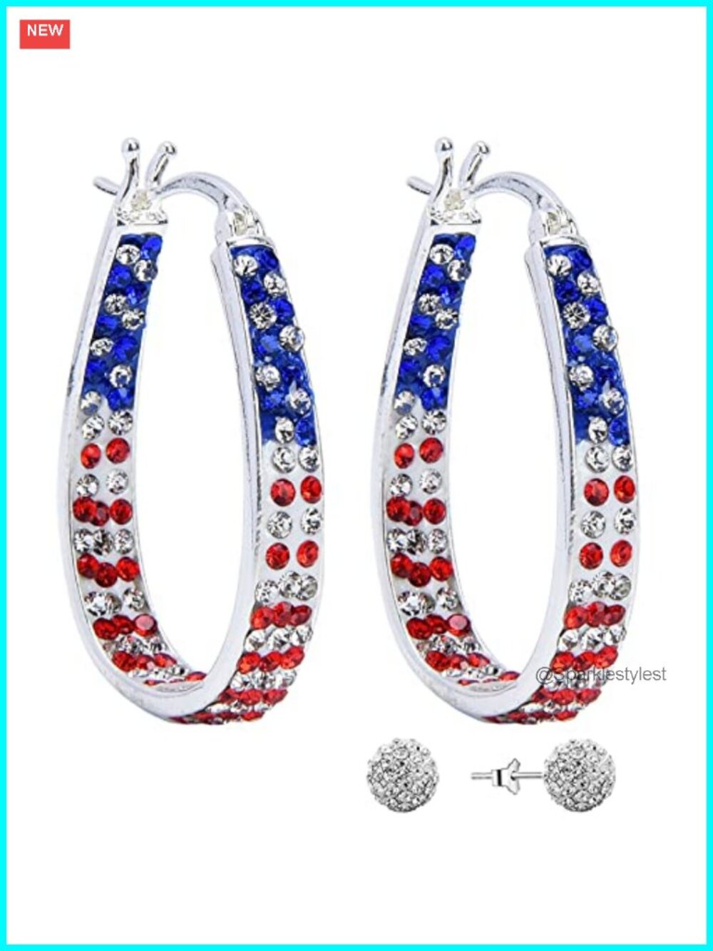Crystal Hoop Earrings Silver Plated Patriotic Red White Blue